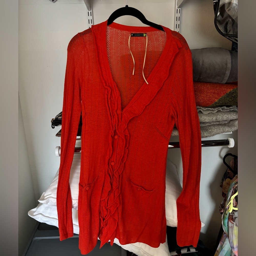 Leifsdottir Tomato Red Pointelle Ruffled Cardigan